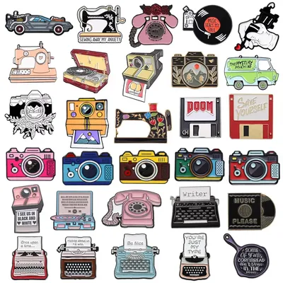 Cartoon Machine Metal Brooch Car Sewing Machine Phone Music CD Typewriter Camera Ruler Storage Card