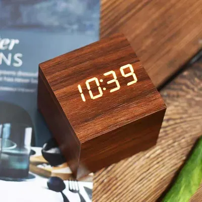 Wooden Digital Alarm Clock with Temperature Cube, Art Ornaments, Decoration Supplies, USB/AAA