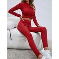 Crop Top Pants Sets Women's Black Red Khaki Solid Color Wrap Outdoor Yoga Active Sports Round Neck Slim S