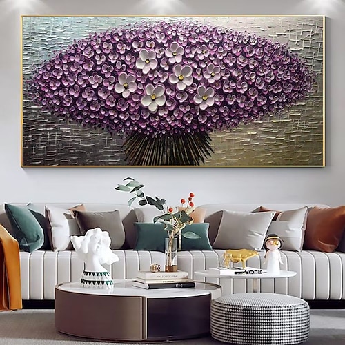 handgemachtes Ölgemälde auf Leinwand, Wandkunst, Dekoration, modern, abstrakt, 3D-Spachtel, violett, dicke Ölblumen für die Inneneinrichtung, gerolltes, rahmenloses, ungedehntes Gemälde Image