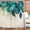 Riyidecor Extra Long Watercolor Peacock Feather Shower Curtain for Bathroom Decor 72Wx84H Inch Teal Green Leaf Bathtub Accessories for Women Girls Turquoise Floral Set Fabric Waterproof 12 Pack Hook