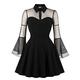 Women's Mesh Long-sleeved Knee-length Dress Halloween Black Queen Mesh Flared Sleeve Stitching Retro Dress black- L