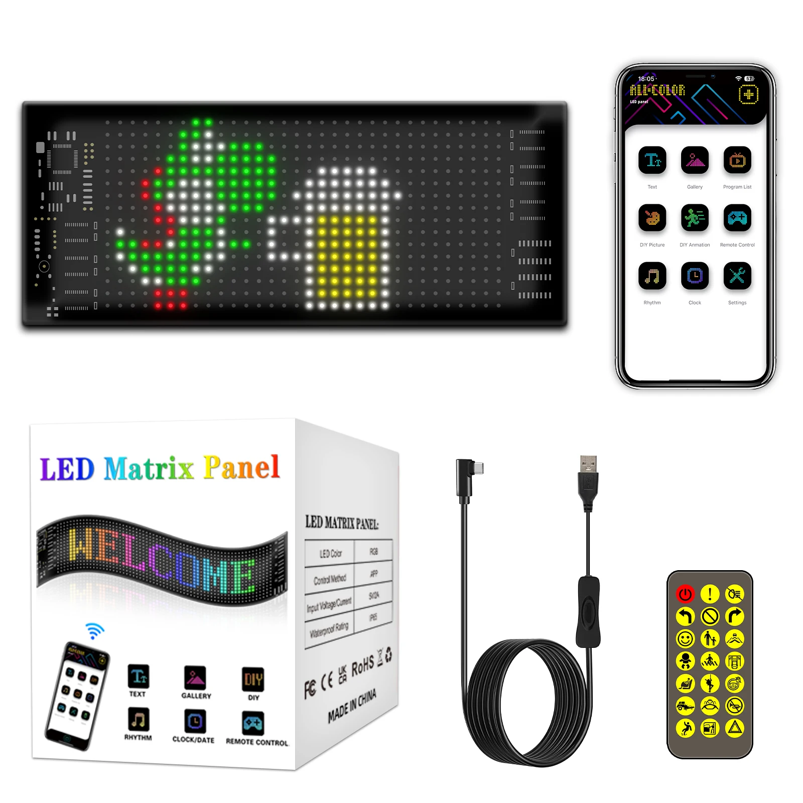 LED-Matrix-Panel, programmierbar, IP65, flexible Bildschirmanzeige, Animationsnachricht, Scroll-Schild, APP-Steuerung für Autos, Geschäft, Bar Image