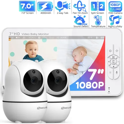 7 Zoll Babyphone mit 2 Kameras 1080P Babyphone Geteilter Bildschirm PTZ Nanny-Kamera 2-Wege-Audio