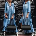 Robe Longue Rétro en Denim pour Femme Manches Trois Quarts Grande Balançoire Mode Décontractée