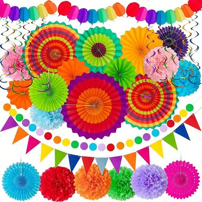 35pcs, Fiesta Paper Fan Party Decorations Set - Cinco De Mayo Pom Poms, Pennant, Garland String, Banner, Hanging Swirls Decor Supplies?multicolored