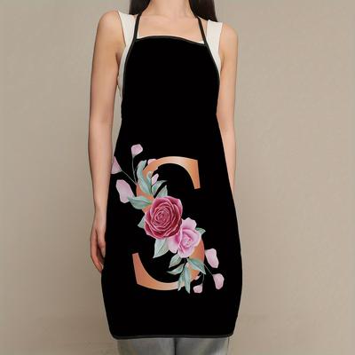 TEMU 1pc Floral Letter Print Polyester Apron For Women - Durable, Thickened Kitchen & Cooking Apron With Elegant Rose And Initial Design, Home Use, Cooking Apron | Floral Print Apron | Polyester Apron Image