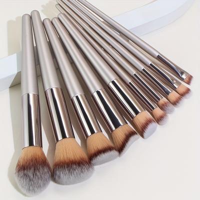 TEMU 10pcs Premium Makeup Brush Set - Champagne Finish, Includes Eye Shadow, Foundation, Blush, Nose Shadow, Loose Powder, And Concealer Brushes - Perfect For Beginners And Professional Makeup Artists