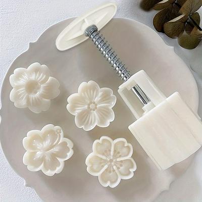 TEMU 5pcs, Cookie Press Set, Abs Plastic Moon Cake Molds, White Flower Diy Design Cookie Mold For Home, Christmas Festival Pastry Baking Tools, Kitchen Gadgets, Kitchen Accessories, Home Kitchen Items