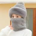 Women's Fuzzy Fleece Beanie Hat With Pom Poms, Windproof Winter Thermal Hooded Neck Warmer, One-piece Ski Hat