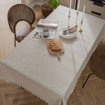 TEMU Farmhouse Style Flower Garden Small Chrysanthemum Rice Linen Print Beige Fringed Tablecloth For Kitchen Table Decoration Tablecloth 1pc Image