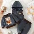 3pcs Baby Boy's Bear Embroidered Fleece Outfit, Hooded Vest & Warm Sweatshirt & Pants Set, Baby's Clothing For Fall Winter, As Gift