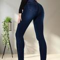 Blue High Stretch Skinny Jeans, Slim Fit Slant Pockets Casual Tight Jeans, Women's Denim Jeans & Clothing