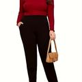 Plus Size Elegant Pants, Women's Plus Solid High Medium Stretch Straight Leg Trousers With Pockets