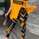 Plus Size Casual Outfits 2 Piece Set, Women's Plus Colorblock Letter Print 1 Shoulder Split Hem Medium Stretch Top & Leggings Outfits 2 Piece Set