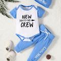 "2pcs Baby's ""new To The Crew"" Print Color Clash Set, Short Sleeve Onesie & Hat & Pants, Baby Boy's Clothing, As Gift"