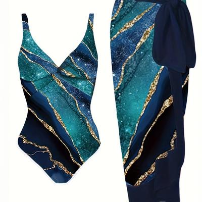 TEMU Two-piece Set Of Ocean Print Bodysuit And Wrap Skirt In Twist Style Image