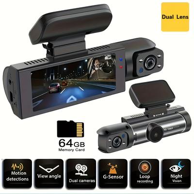 Free 64gb Card, Dash Cam For Cars, 1080p Dual Camera, Front And Inside, 3.16 Inch Ips Screen, G Sensor High Definition Night Vision Loop Record, Wide Angle