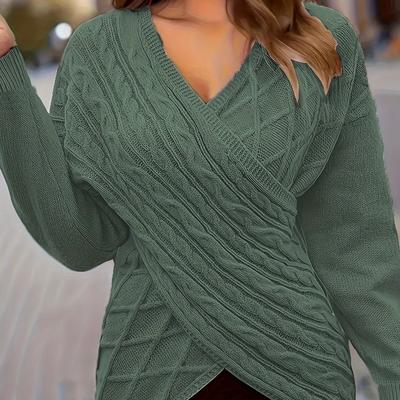 TEMU Plus Size Elegant Sweater, Women's Plus Solid Cable Drop Shoulder Long Sleeve Wrap V Neck Jumper Image