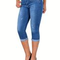 Ripped Roll Up Hem Cropped Jeans, Slash Pocket Washed Skinny Capri Denim Pants, Women's Denim Jeans & Clothing