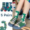 5 Pairs Of Boy's Cartoon Dino Animals Pattern Knitted Socks, Comfy Breathable Soft Crew Socks For Outdoor Wearing