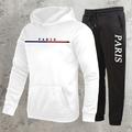 Paris Print Men's Casual Plus Fleece Warm Sports Outfit Set, Men's Long Sleeve Hooded Pocket Sweatshirt & Long Drawstring Pants
