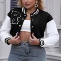 R Pattern Button Up Crop Bomber Jacket, Preppy Long Sleeve Jacket For Fall & Winter, Women's Clothing