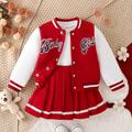 Preppy Style Girls 2pcs Baby Girl Print Baseball Jacket + Pleated Skirt Set For Party Sports Gift