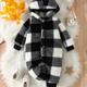 Baby Boy's Thick Warm Plush Onesie, Hooded Long Sleeve Classic Plaid Jumpsuit For Autumn And Winter