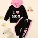 "2pcs Baby Girl Cute Outfits - ""i Love Mommy"" Letter Print Long Sleeve Hooded Sweatshirt + Jogging Pants Set, Kids Clothes Autumn And Winter"