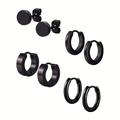 4pairs Simple Men's Black Stud Earrings, Stainless Steel Hoop Earrings