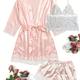 3 Piece Lace Trim Solid Satin Pajamas Set, Long Sleeve Short Robe + V Neck Cami Top + Lounge Shorts, Women's Loungewear & Sleepwear