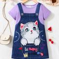 Girls' Cute Kitty Overall Graphic Casual Short Sleeve T Shirt Dress, Kids Dresses Outfit