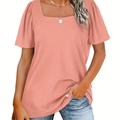 Plus Size Casual T-shirt, Women's Plus Plain Ruched Short Sleeve Square Neck T-shirt