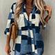 Denim Plaid Print Button Front Shirt, Casual Long Sleeve Shirt, Women's Clothing