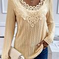 Plus Size Casual T-shirt, Women's Plus Solid Cable Contrast Lace Long Sleeve Round Neck Top