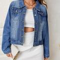 Single-breasted Long Sleeves Dark Washed Blue Crop Denim Jacket, Button Fly Flap Chest Pockets Casual Vintage Denim Tops Coat, Women's Denim Jeans & Clothing