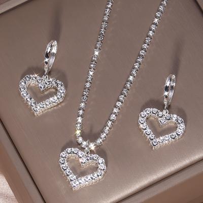 TEMU Heart Rhinestones Pendant Necklace & Drop Earrings Set Sweet Copper Jewelry Set For Women