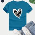 Casual Sports Loose Heart Graphic T-shirt, Leopard Print Round Neck Letter Printed Summer Sports Workout Top, Women's Tops