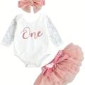 Infant Baby Girl Cute 1st Birthday Outfit - Flower Graphic Infant Romper + Tutu Skirts +headband