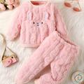 Cute & Warm: Girls Reversible Flannel Bunny Embroidered Top + Plush Pants Set, 0-3 Years Old Kids Clothes Autumn And Winter