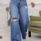 Blue Ripped Holes Straight Jeans, Loose Fit Non-stretch Wide Legs Jeans, Women's Denim Jeans & Clothing