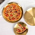 1pc/2pcs, Golden Pizza Plates, Stainless Steel Dinner Plate, Round Golden Tray, Food Serving Plate, For Home Kitchen, Restaurant, Party Use