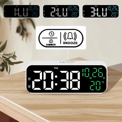 9 Inch Voice Control Digital Alarm Clock Date Time Temperature Display Countdown Dual Alarms 12/24H