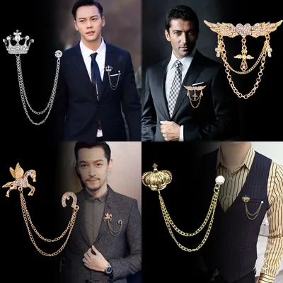 Korean British Style Crown Bird Brooch Cross Suit Tassel Chain Lapel Pin Angle Wings Badge Retro