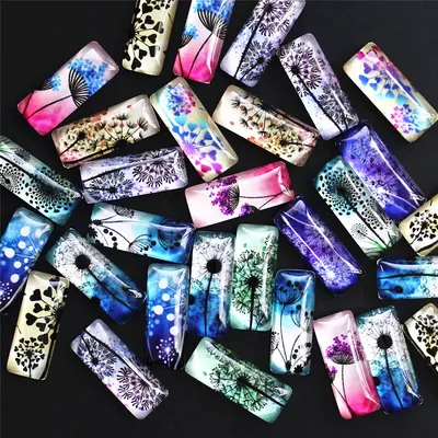 10x25mm Random Mixed Dandelion flower Rectangle Pattern Glass Cabochon Flatback Photo Tray Blank DIY Accessories Paird 10pcs