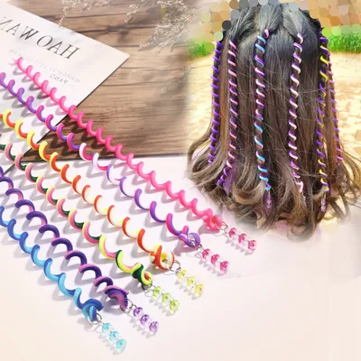 6PCS/Set Girls Cute Colorful Crystal Long Spiral Headbands Hair Bands Braid Hair Ornament Hairband