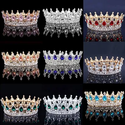 Bride Royal Pink Crystal Queen King Tiaras Baroque Round Crowns Big Rhinestone Pageant Diadem