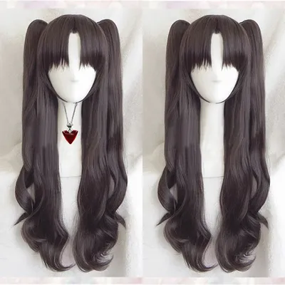 Fate/stay night Rin Tohsaka Long Wavy Brown Ponytail Heat Resistant Hair Cosplay Costume Wig + Ruby Necklace Optional