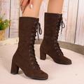 Femmes Bottes Tendance Unies, Lacets Chunky Talon Chevalier Bottes, Polyvalent Rond Tor Slim Bottes